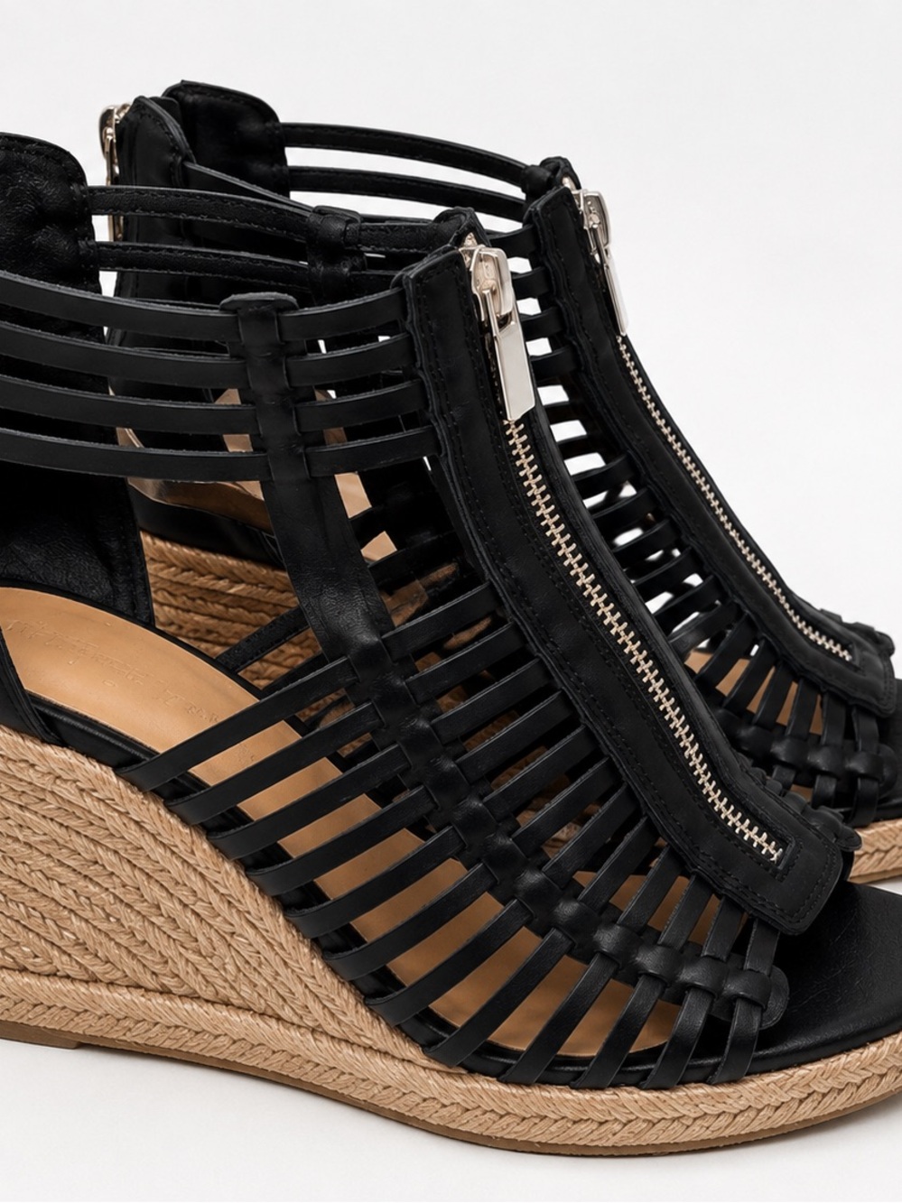 JustFab Black Woven Front-Zip Espadrille Wedges